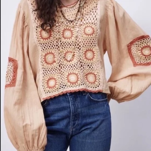 Zara Tops - Zara Boho Bohemian Crochet Detail Top Tan Beige linen blend L